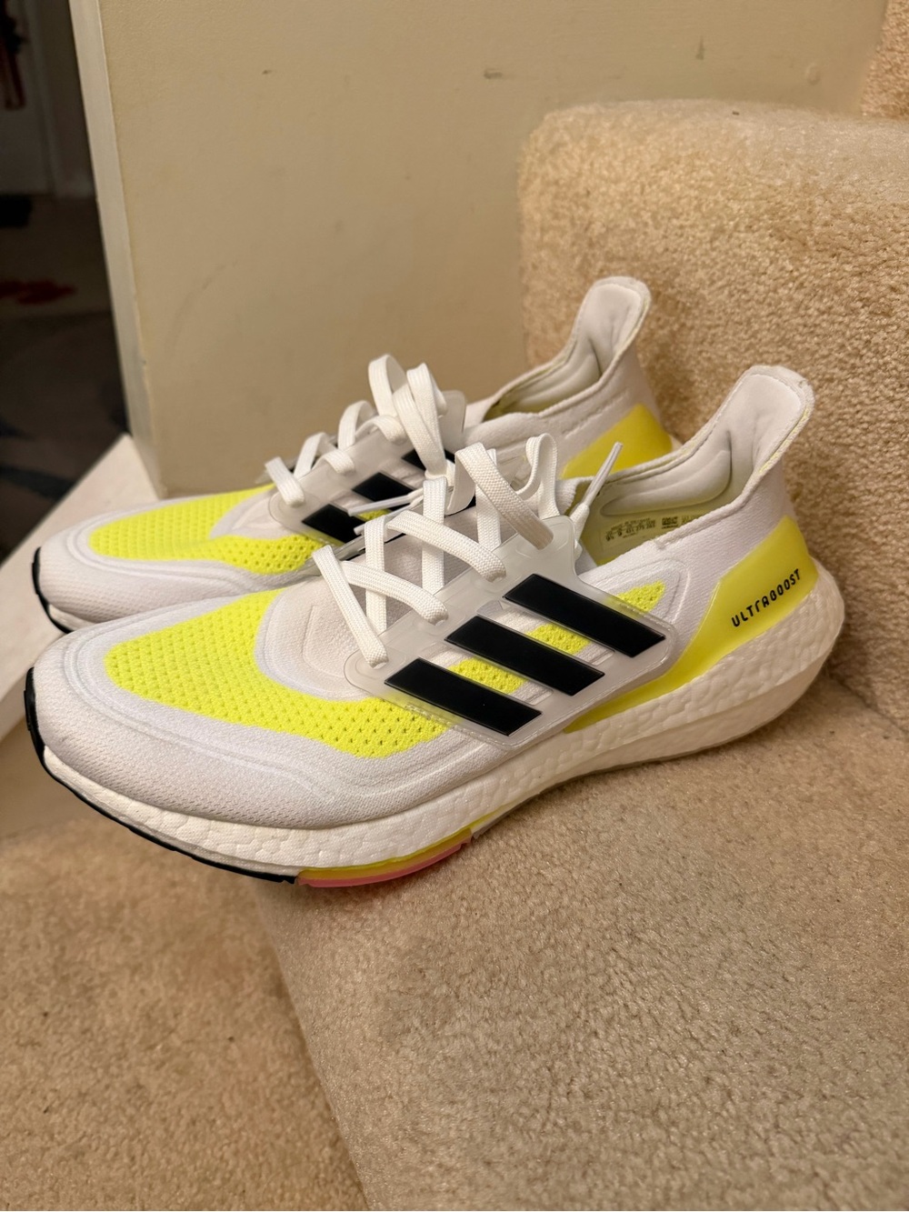 adidas Ultraboost Running Sneakers in White, Neon Yellow & Black